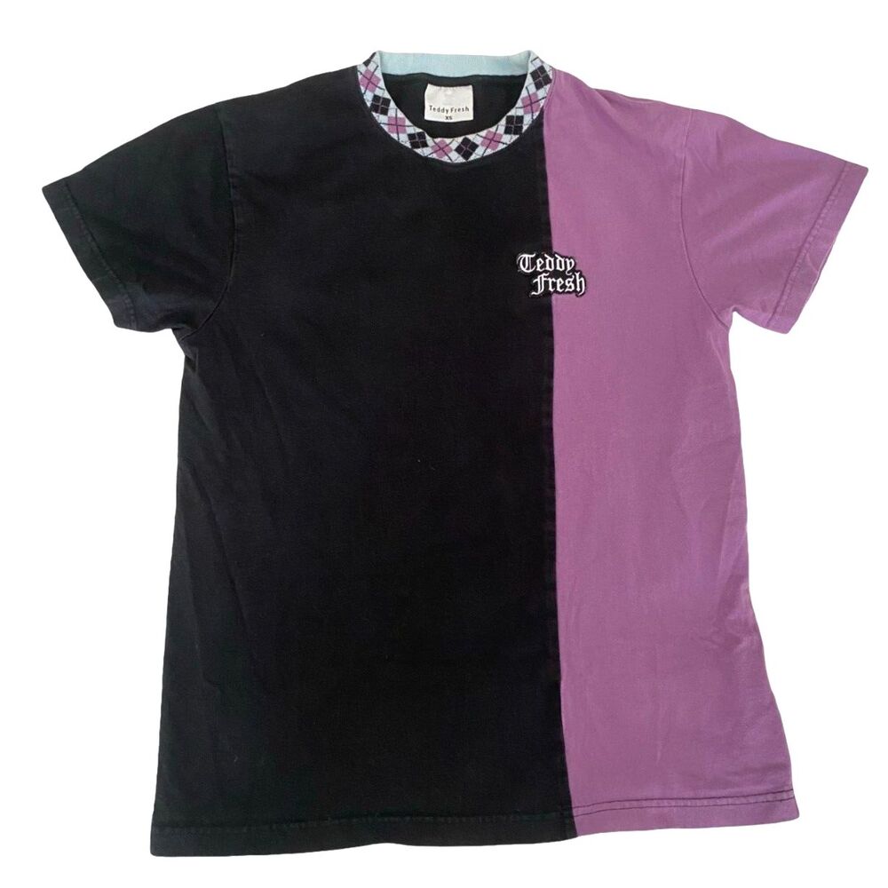 Teddy Fresh Argyle Colorblock T Shirt XS Black Purple Embroidered Logo Skater